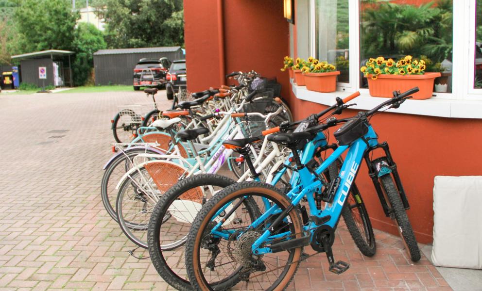 Biciclette colorate parcheggiate, atmosfera accogliente e fiori vivaci adornano il luogo.