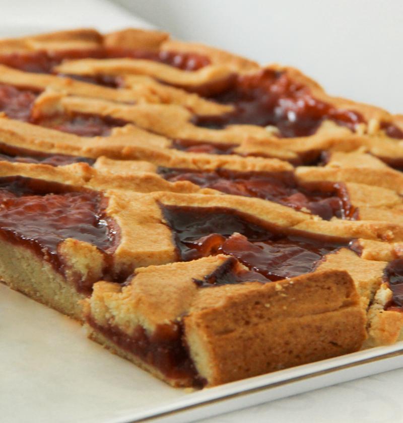 Jam tart with lattice pastry crust.